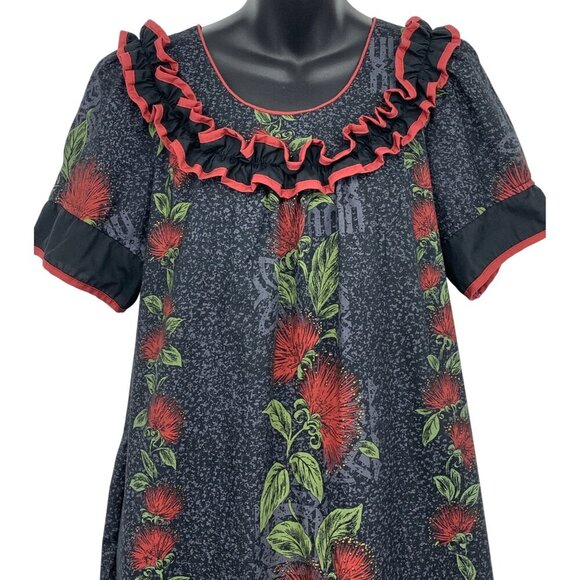 Good Times Aloha Hawaiian Floral Ruffle Medium M Muumuu Black Red Ohia Flower - Picture 3 of 10